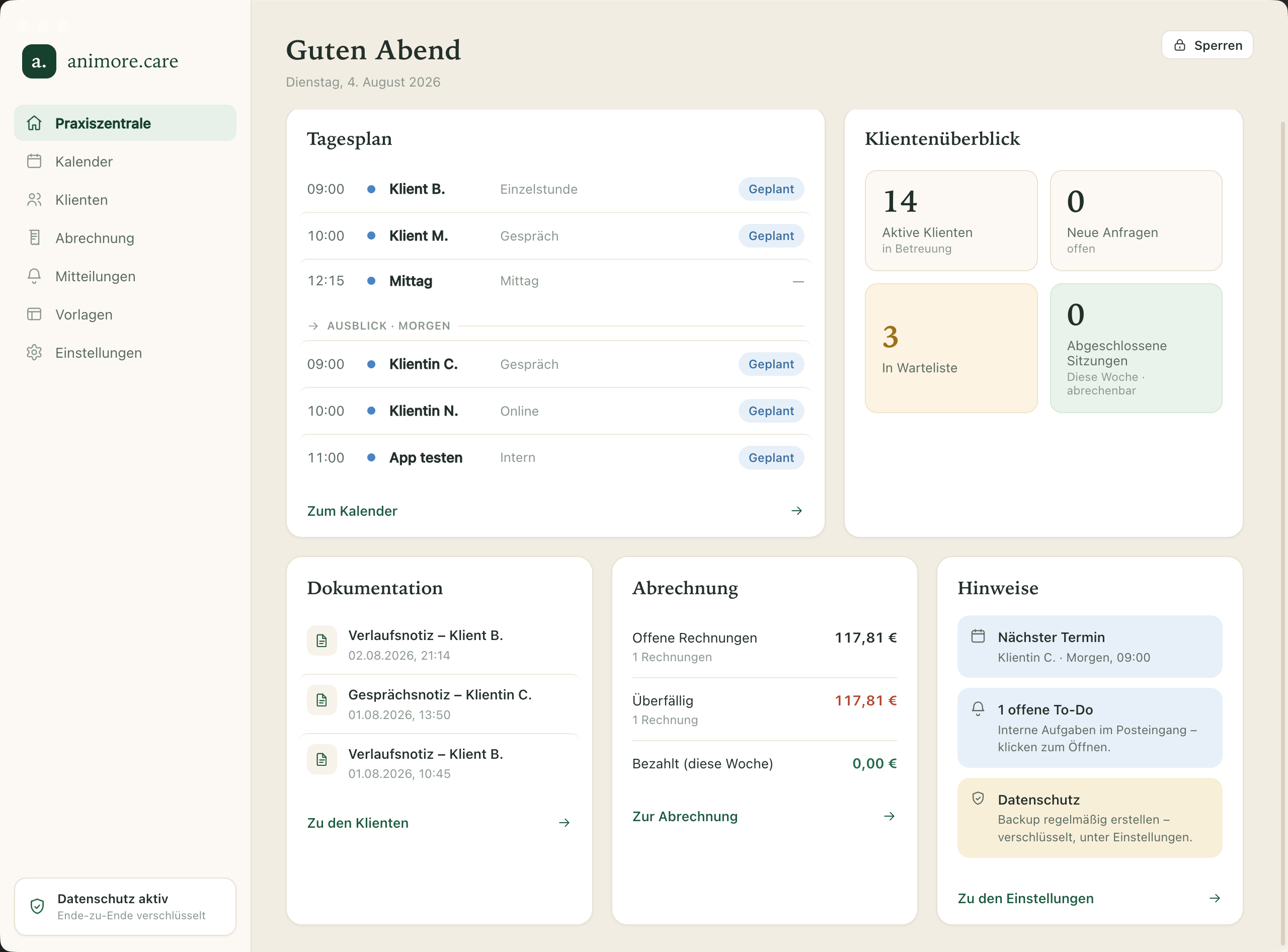 Screenshot: Dashboard der Praxiszentrale